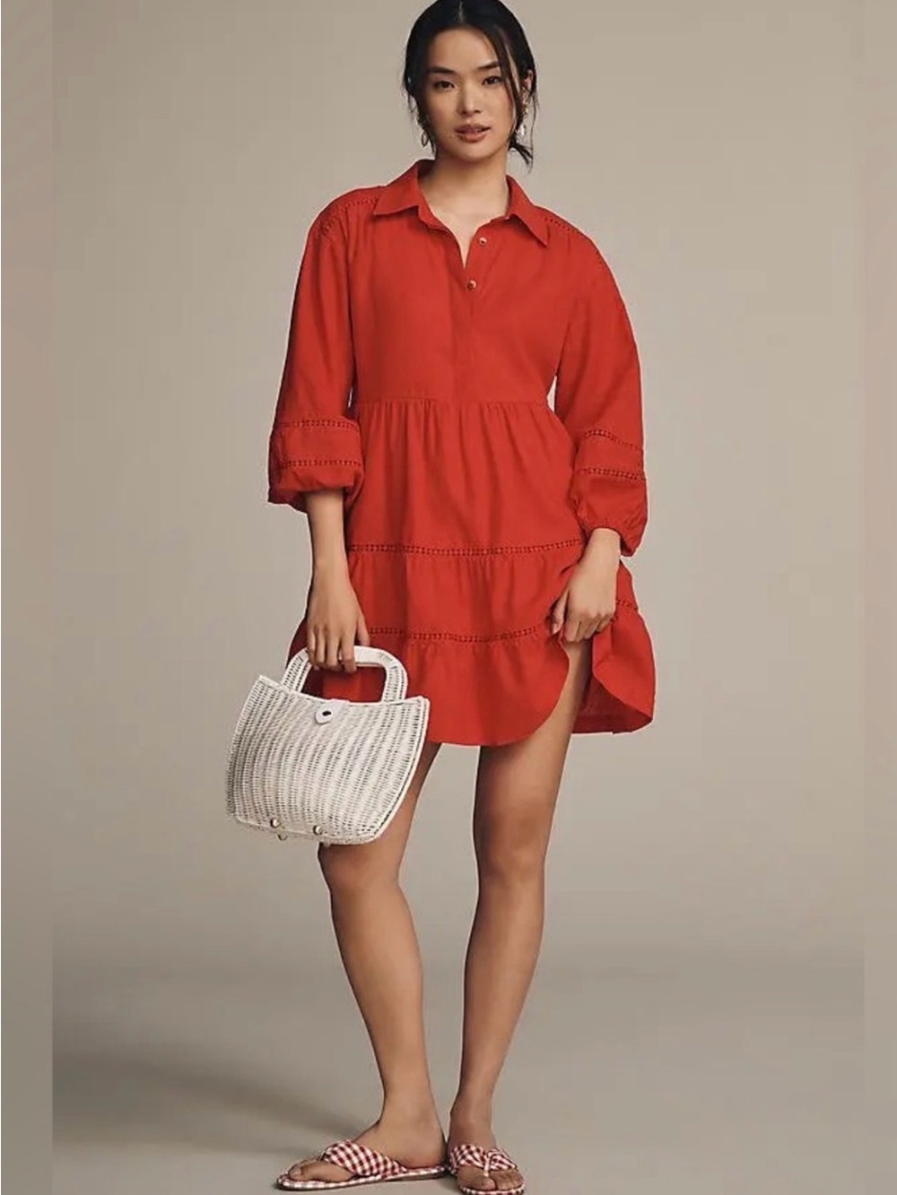 MAEVE • the Bettina mini shirt dress in red XS tiered flowy Anthropologie